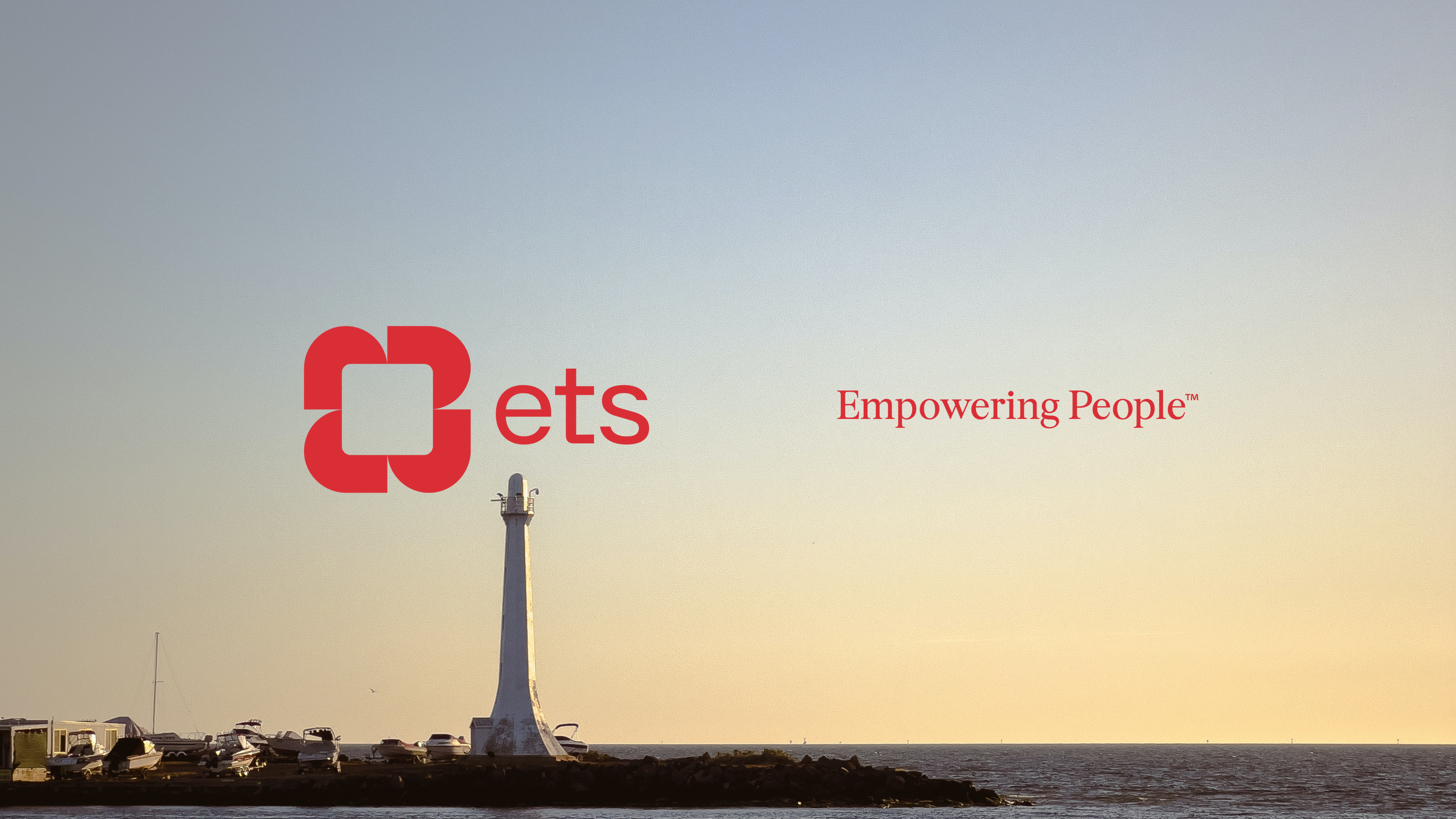 ETS new logo and tagline in front of a coastal landscape at sunset